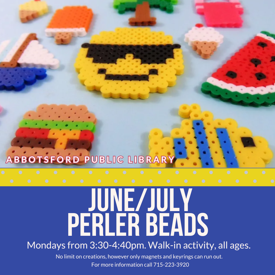 Summer perler bead creations set above times perler beads are held at the library.