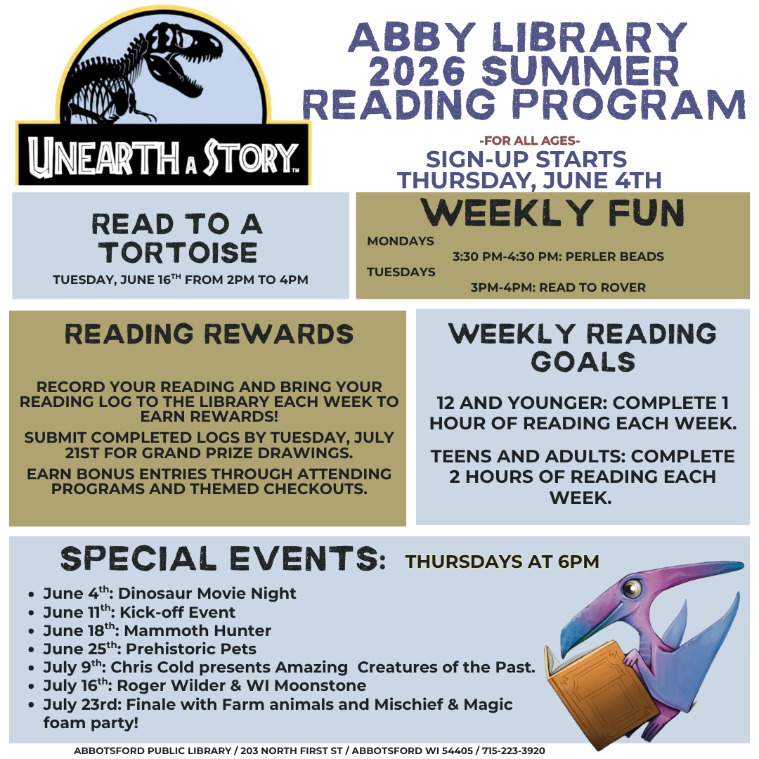 Image of Dinosaur reading, with list of summer reading events listed.