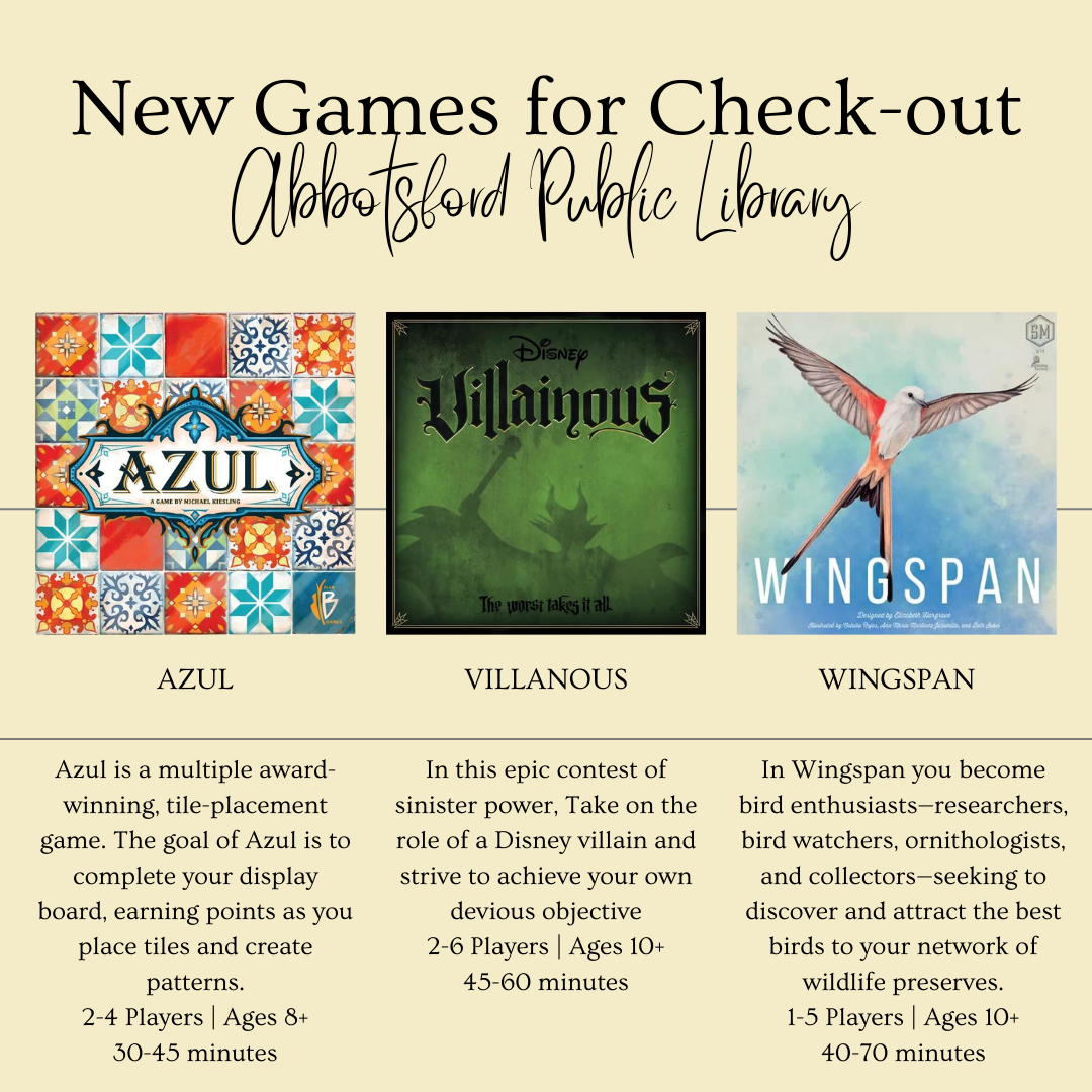 Picture of new board games available at the library.